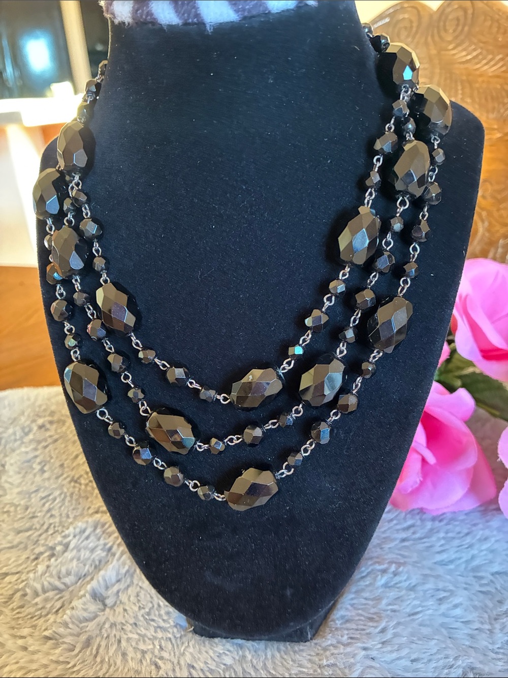 White House Black Market Black Faceted Three-Strand Statement Necklace